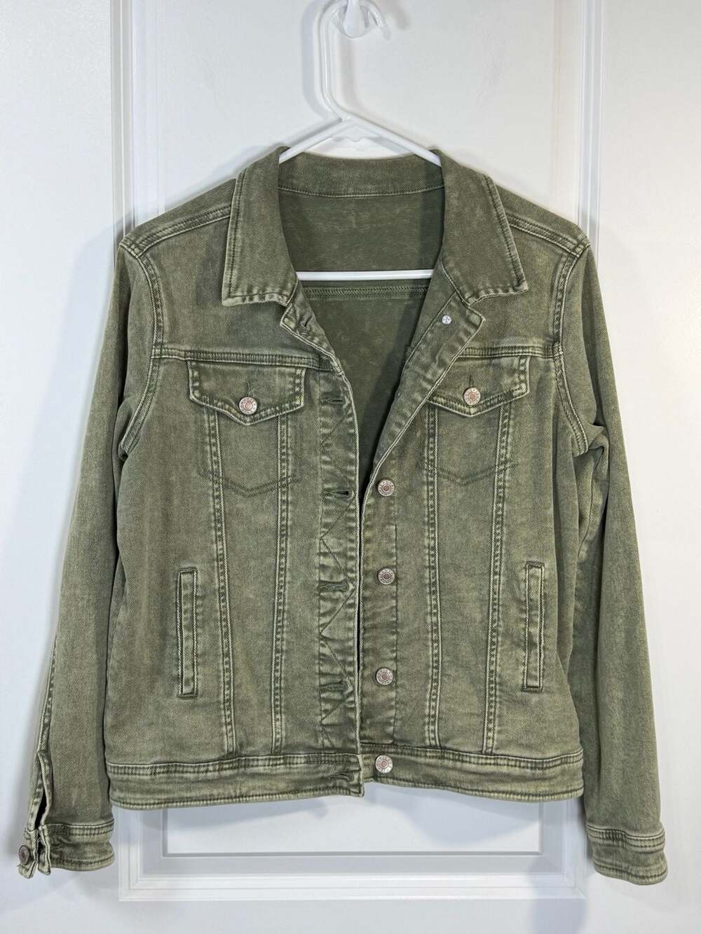 St. John's Bay Olive Green Washed Denim Trucker Jacket Size M